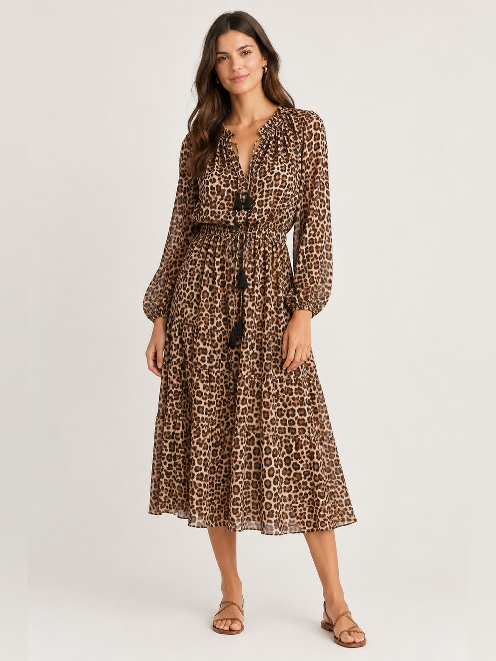 Mille NWT Astrid Dress in Cheetah Midi Tassel Long Sleeve Sz M